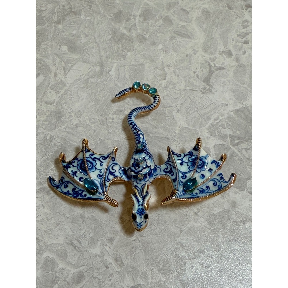 Vintage Style Blue White Enamel Dragon Brooch Chinoiserie Porcelain Pattern Pin